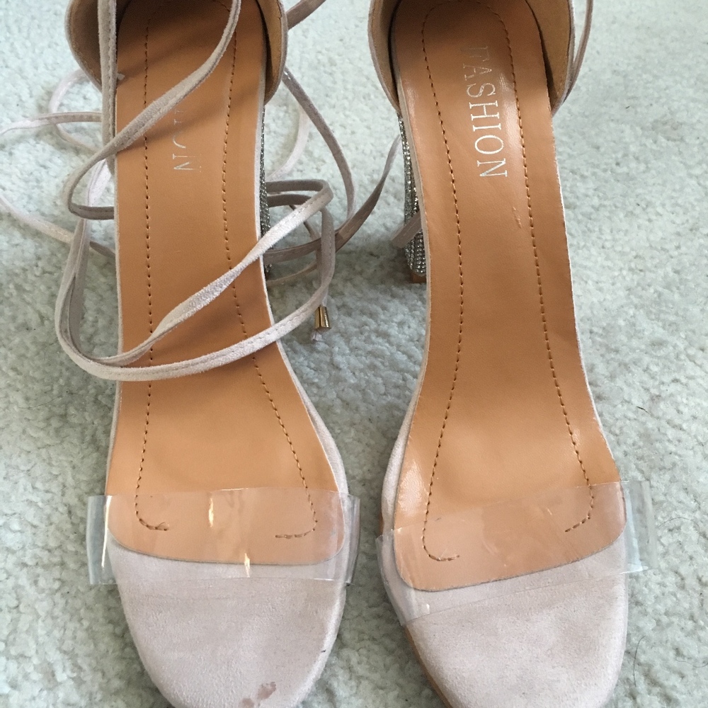 Beige Chunky Bling Pumps With Lace-up heels